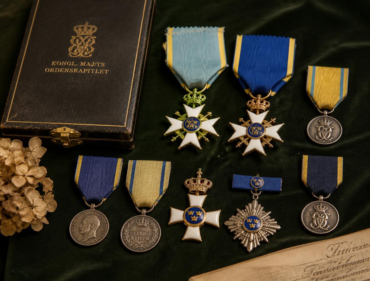 Äldre svenska medaljer och ordnar med sidenband, ordnade på mörkgrön sammet intill en originalask